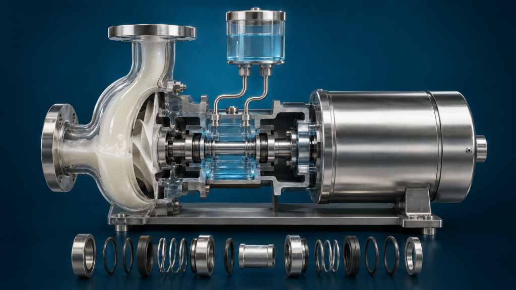 Double mechanical seal system for a hygienic food processing pump