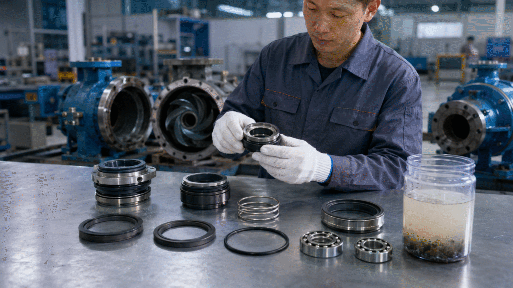Inspection of contaminated oil and worn EBARA submersible pump seal faces
