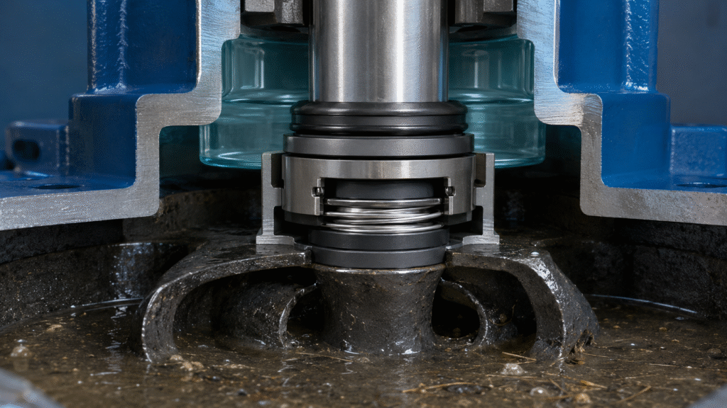 Lower mechanical seal protecting a submersible wastewater pump from abrasive solids
