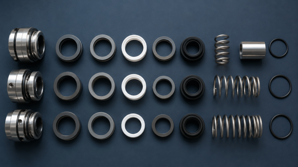 Rotating and stationary mechanical seal parts arranged for dimensional checking
