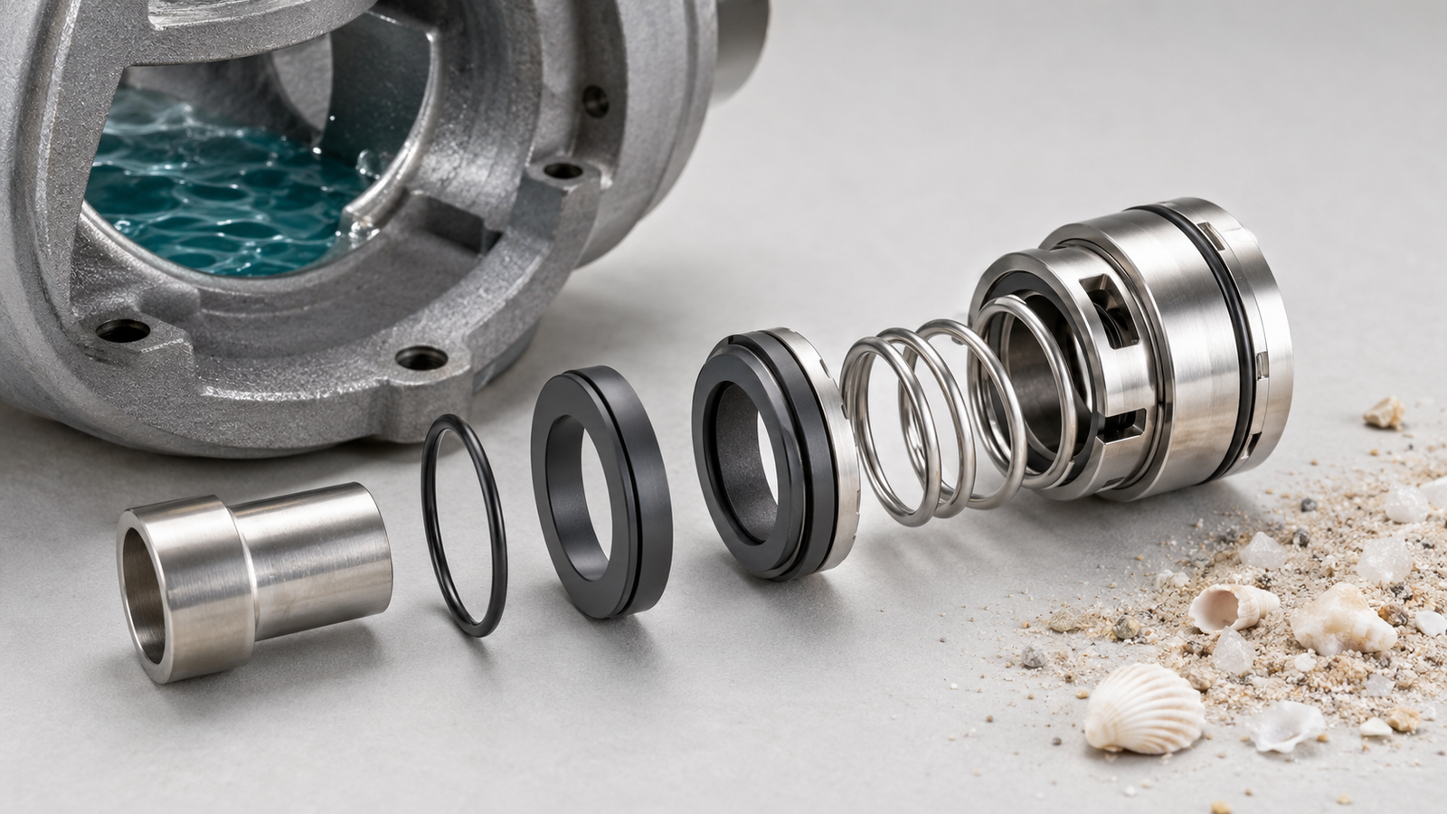 Seawater pump seals with silicon carbide faces and corrosion-resistant components