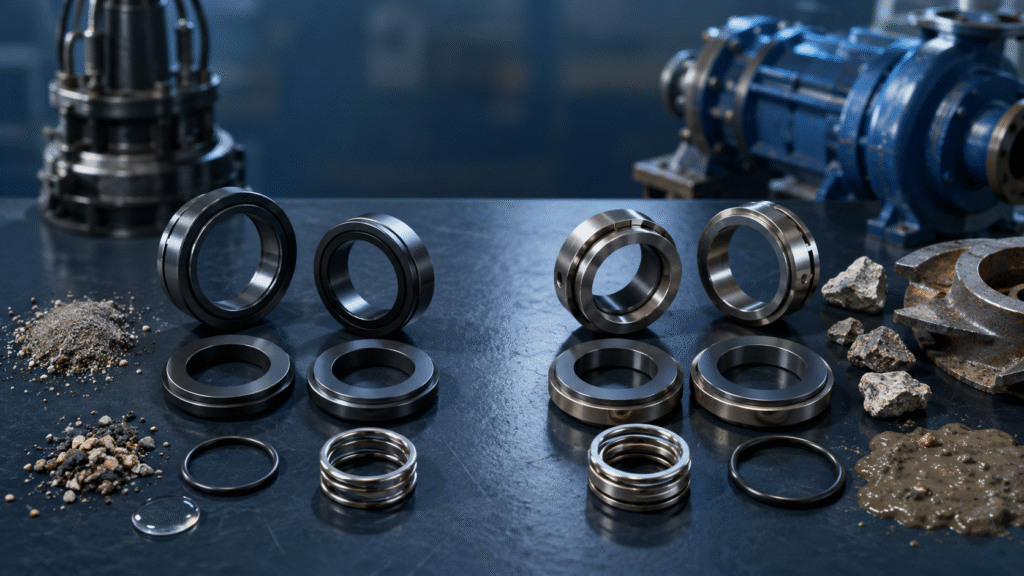 Silicon carbide and tungsten carbide seal faces for abrasive pump service