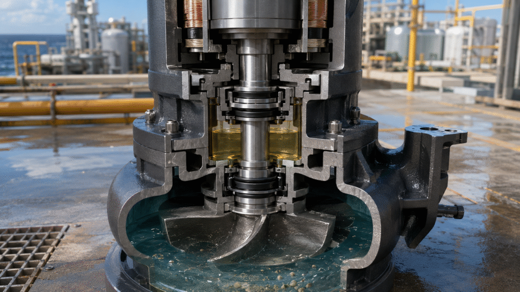 Upper and lower silicon carbide seals with an oil chamber in a submersible seawater pump