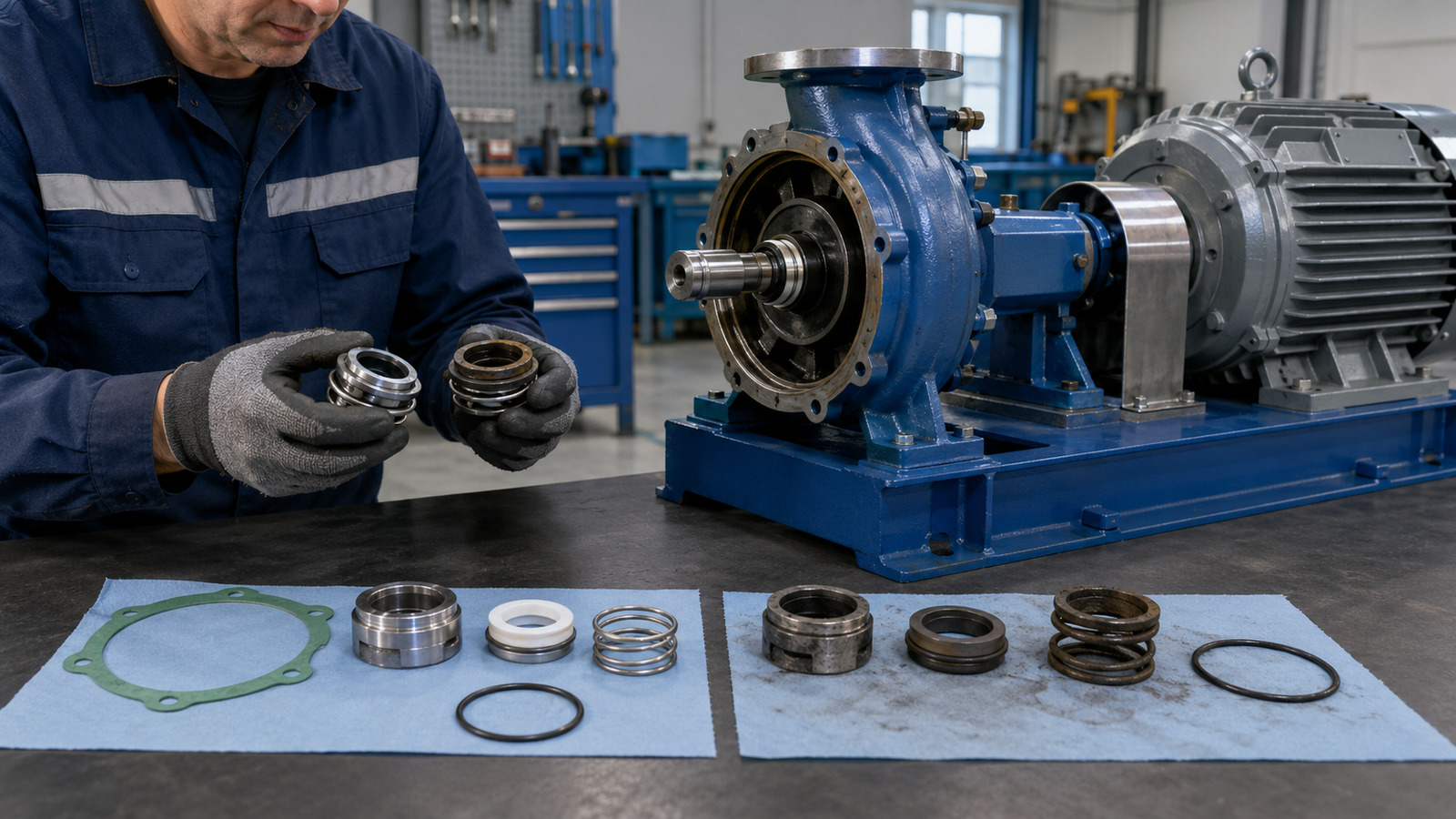 Wilo pump mechanical seal replacement in a clean maintenance workshop