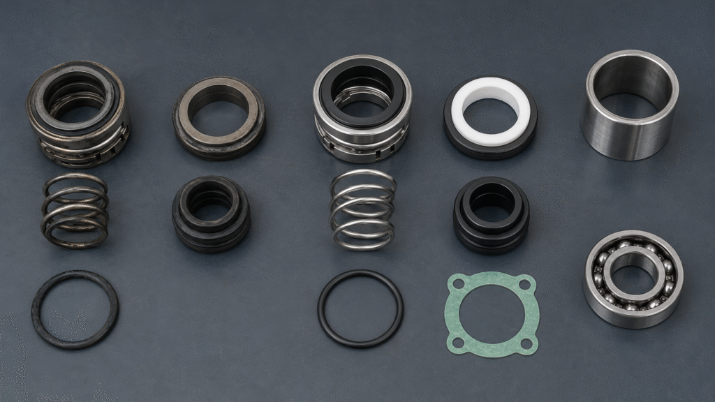 Old and new pump mechanical seal components inspected before replacement