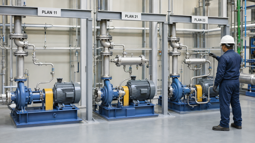 API 682 Plan 11 Plan 21 and Plan 23 mechanical seal piping systems in an industrial pump room
