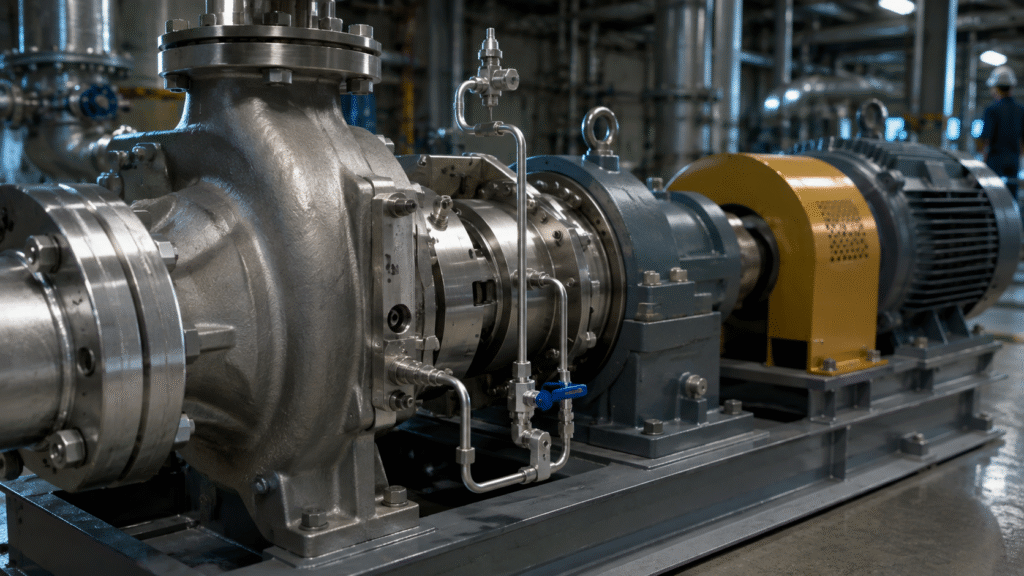 Centrifugal pump with cartridge seal, flush piping, venting, and completed commissioning setup