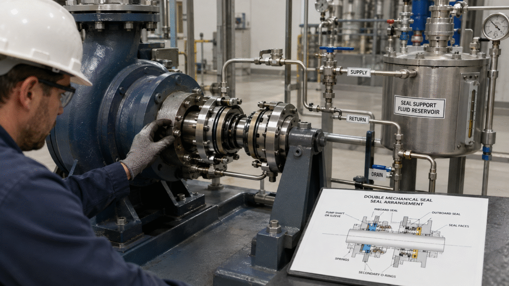 Double mechanical seal cartridge and support system inspection on an industrial centrifugal pump