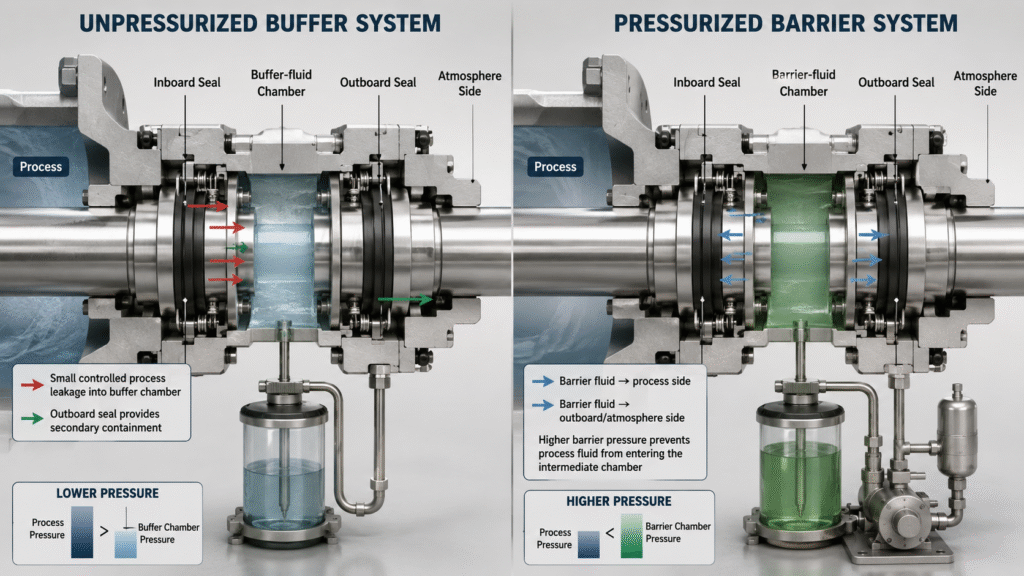 Double mechanical seal buffer fluid and barrier fluid pressure and leakage directions