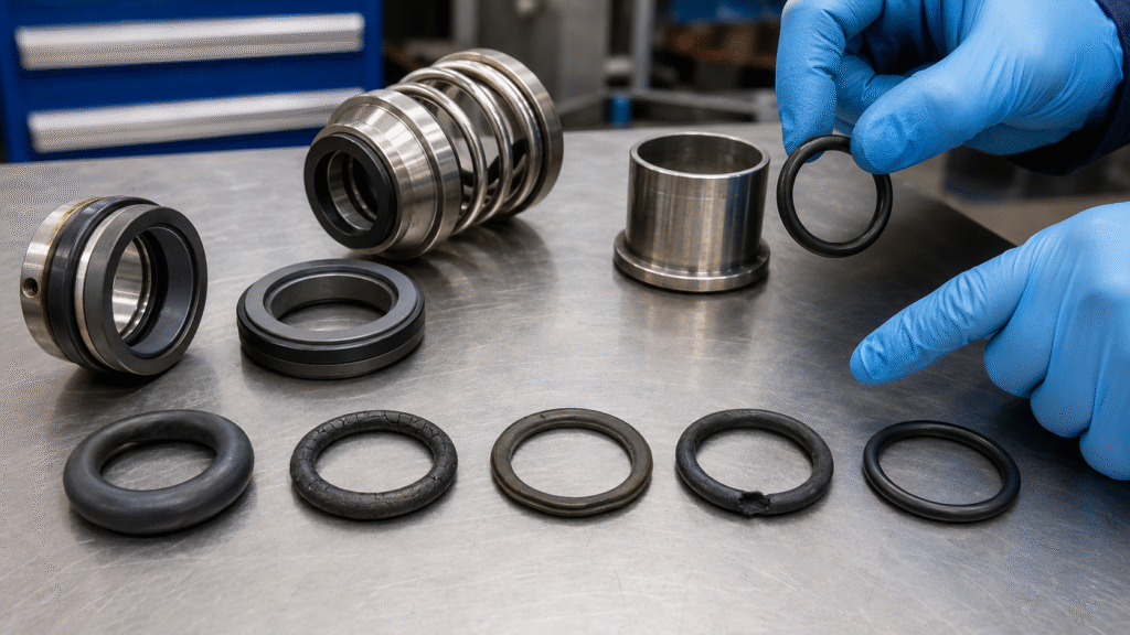 Mechanical seal elastomer failure showing swollen cracked and flattened O-rings
