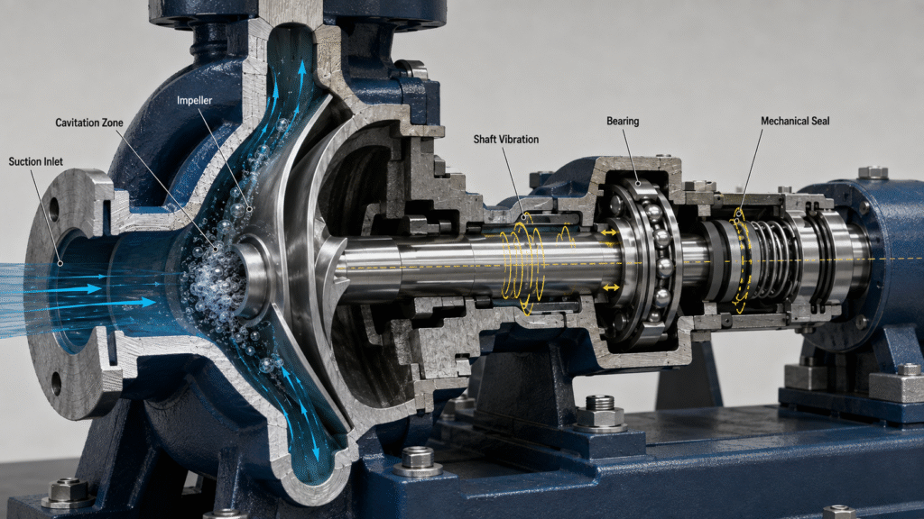 Pump cavitation and vibration causing unstable shaft movement at a mechanical seal