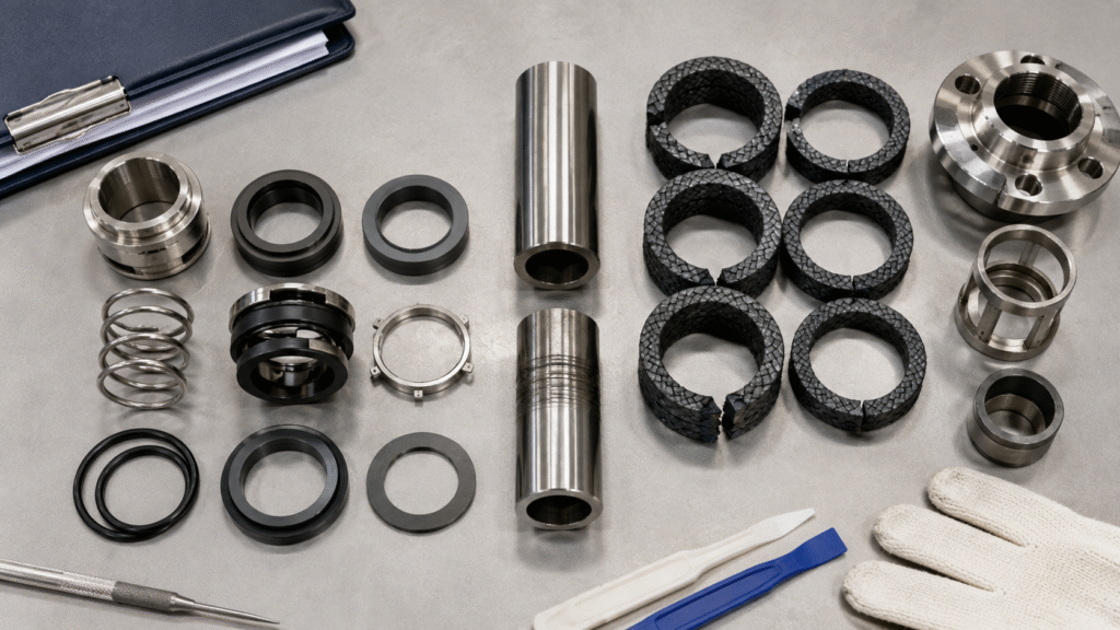 Pump gland packing and mechanical seal parts arranged for maintenance comparison