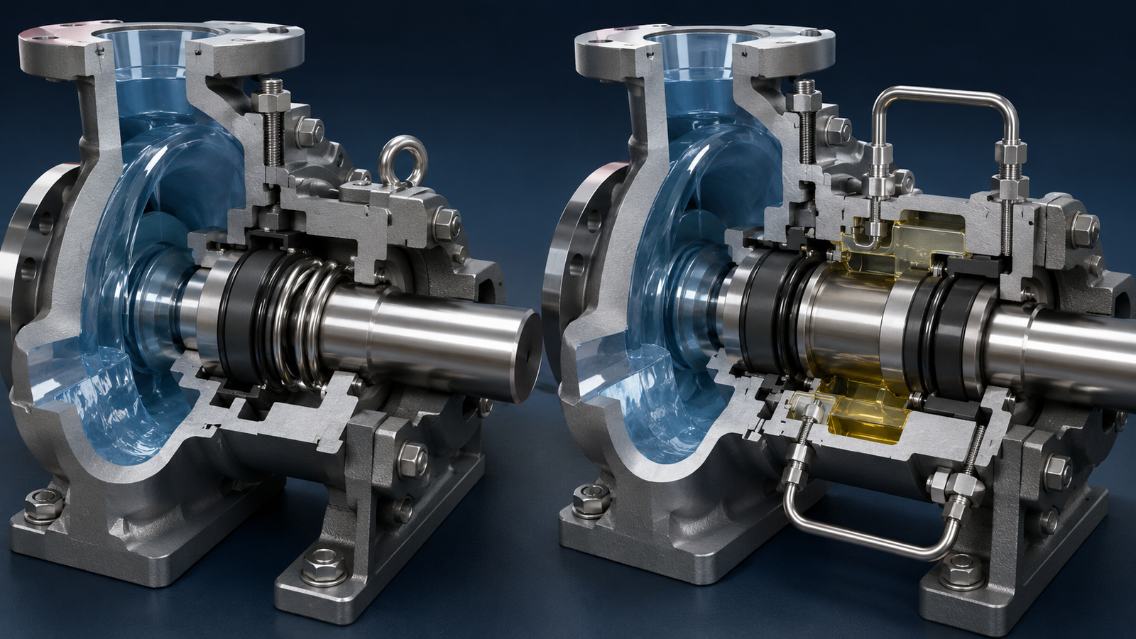 Single vs double mechanical seals compared in an industrial pump cutaway