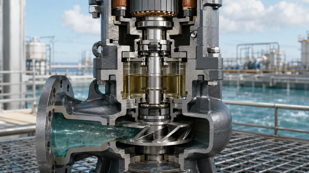 Upper and lower silicon carbide seals with an oil chamber in a submersible seawater pump